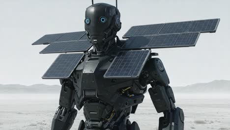 futuristic solar-powered robot standing in a desert landscape, showcasing advanced robotics technology and innovative renewable energy solutions