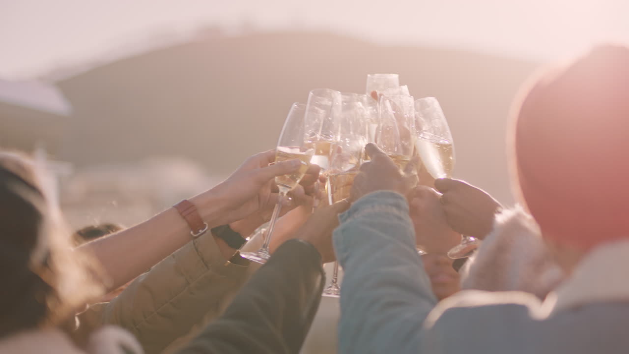 young group of friends celebrating rooftop party making toast drinking alcohol enjoying reunion celebration on weekend social gathering at sunset