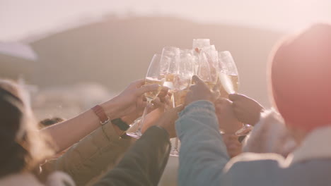 young group of friends celebrating rooftop party making toast drinking alcohol enjoying reunion celebration on weekend social gathering at sunset