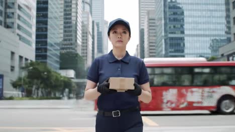 a focused delivery worker crossing the busy city street with a package, demonstrating dedication and professionalism amidst urban life