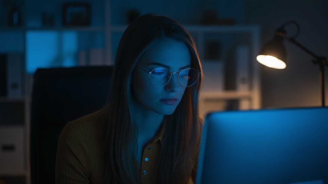 Focused Young Woman Working Late at Night on Laptop in Dimly Lit Room, Illuminated by Soft Blue Light and Desk Lamp, Capturing a Moment of Concentration and Productivity