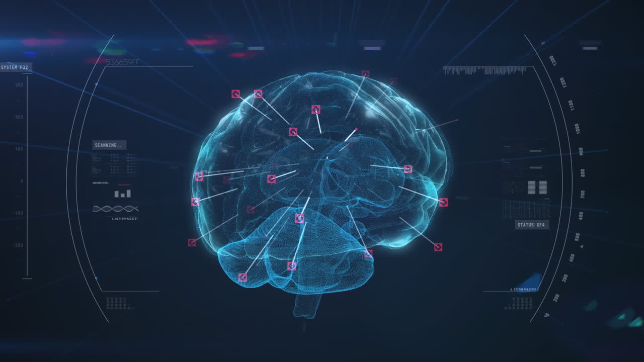 Animation of lines and squares on human brain over circles against abstract background