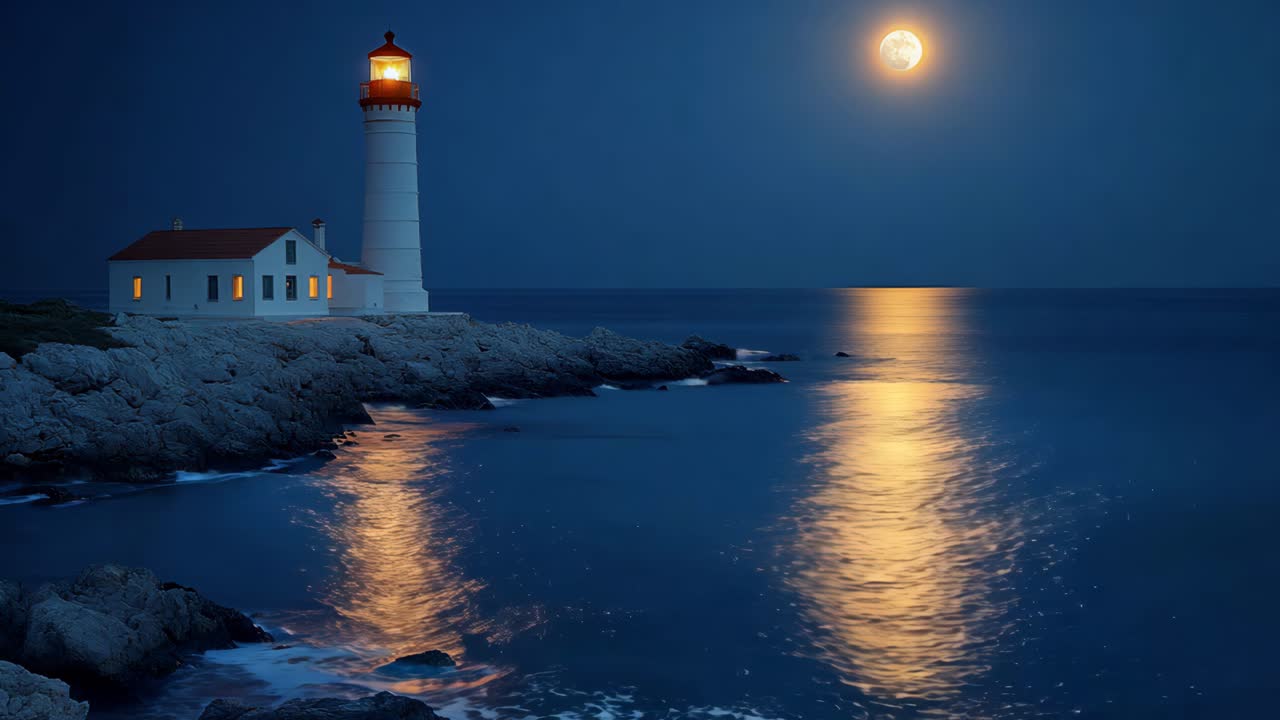 A lighthouse is on a rocky shoreline with a calm ocean. The moon is shining on the water, creating a serene and peaceful atmosphere