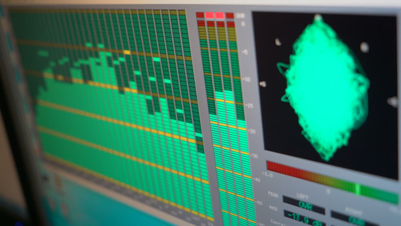 Audio waves on a computer screen. Voice recording for music. Recording studio or radio