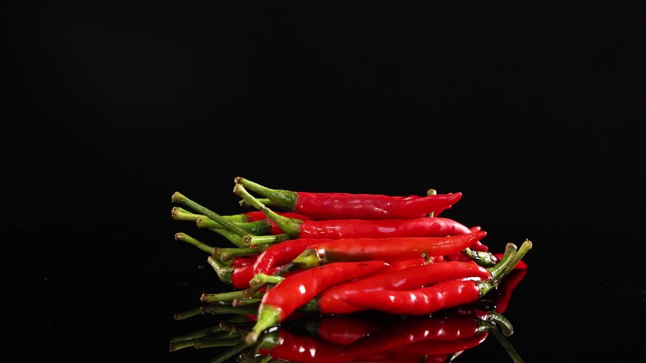Red chili peppers rotate on a reflective black surface, highlighting their vibrant color and texture under dramatic lighting