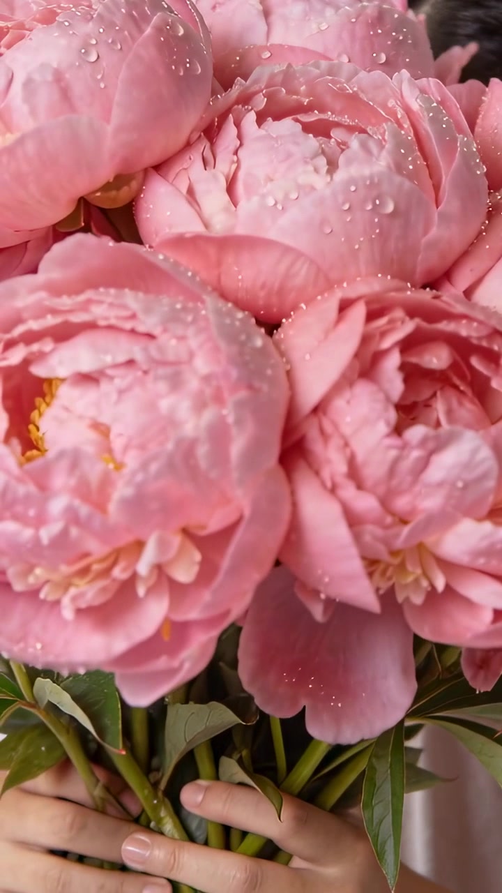 Vídeo vertical: Pessoa apresentando, erguendo peônias rosas para a câmera em um quarto claro, mostrando pétalas orvalhadas