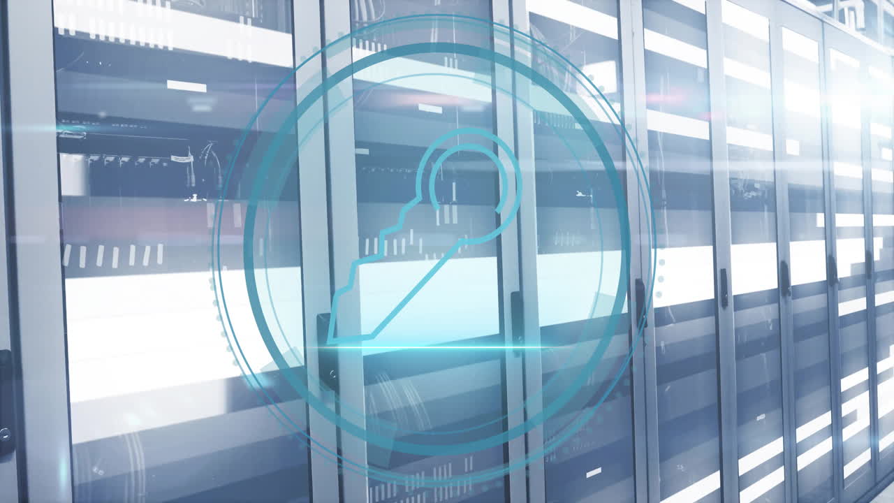 Digital lock animation over server racks in data center environment