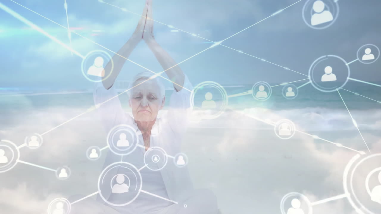 Meditating on beach, elderly person with digital network connections animation