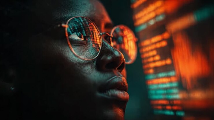 A focused individual gazes intently at glowing digital data, embodying the intersection of technology and deep concentration in a modern, immersive environment