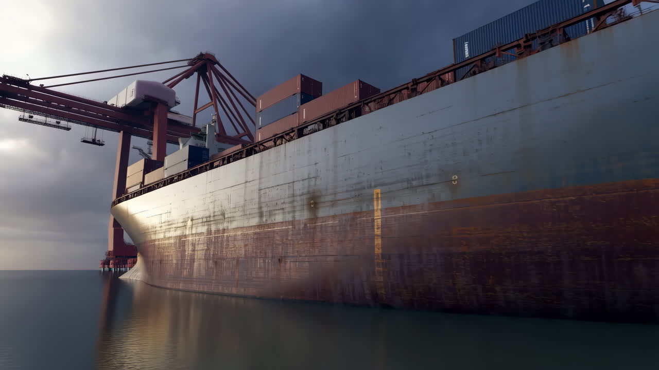 Large cargo ship docked at a port with containers and crane under an overcast sky
