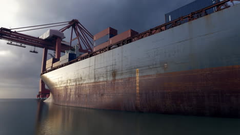 large cargo ship docked at a port with containers and crane under an overcast sky