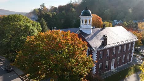 new england low aerial of courthouse in woodstock vermont