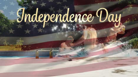 Friends-in-a-pool-and-American-flag-with-Independence-day-text-for-fourth-of-July.