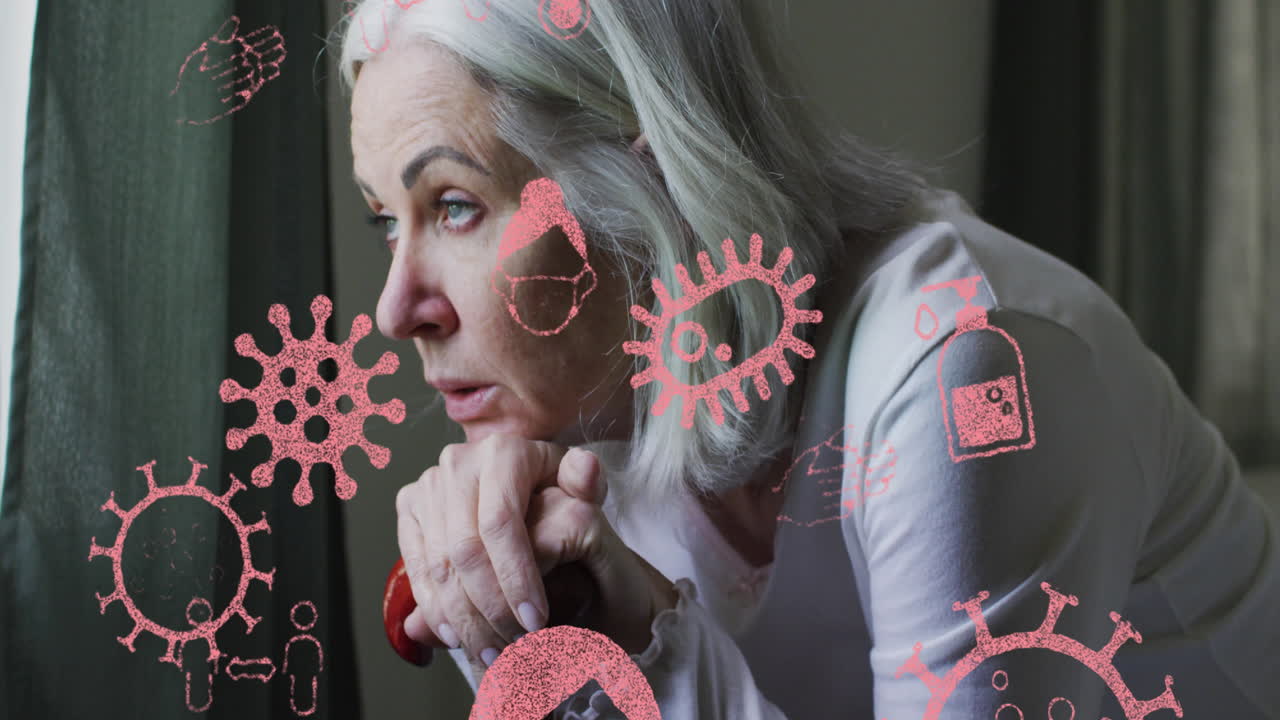 animación de iconos de virus sobre una mujer caucásica mayor en la cama
