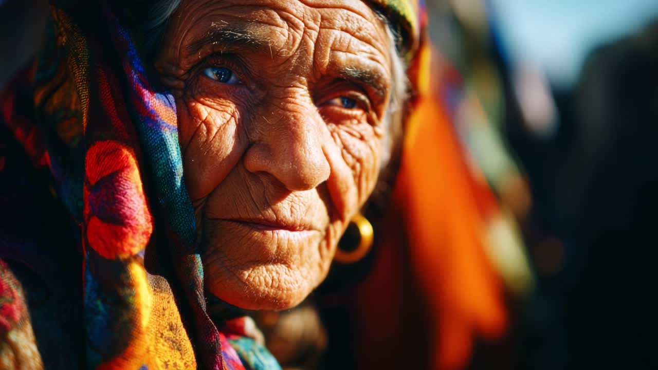 Captivating Portrait of a Wise Elder Woman Embraced by Vibrant Colors, Showcasing the Depth of Her Experience and the Resonance of Cultural Heritage in a Serene Setting
