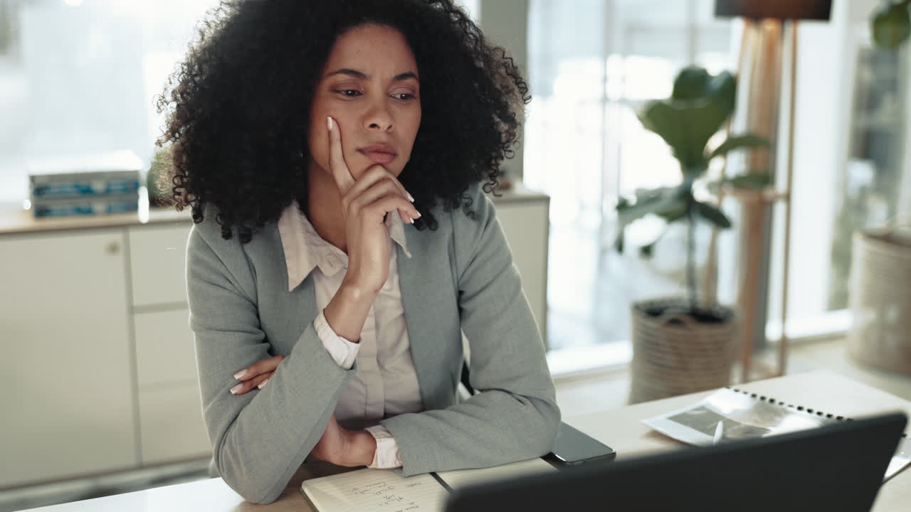 Business, woman and thinking at laptop in office