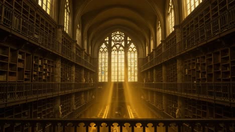 a stunning library interior bathed in golden light, showcasing tall bookshelves, intricate architecture, and sunrays filtering through stained glass windows