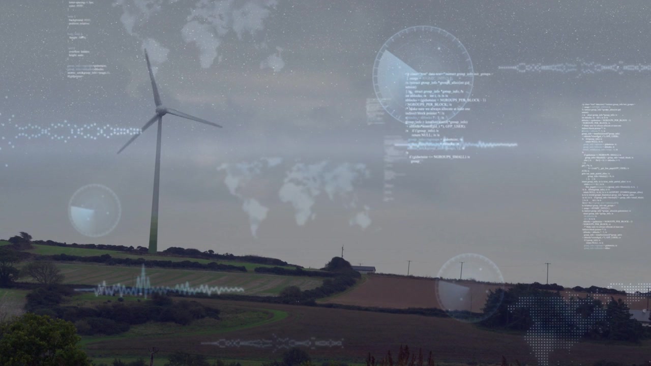 Wind turbine rotating while sensor data showing HUD gauges behind turbine for energy monitoring