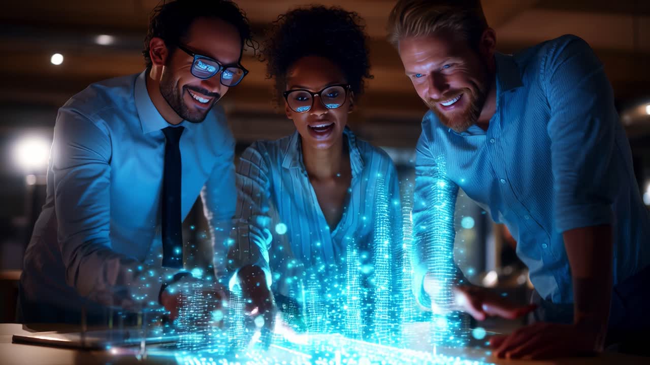 Group of Professionals Collaborating on Innovative Project with Interactive Digital Data Visualization in a Modern Office Setting, Engaging with Futuristic Technology and Ideas