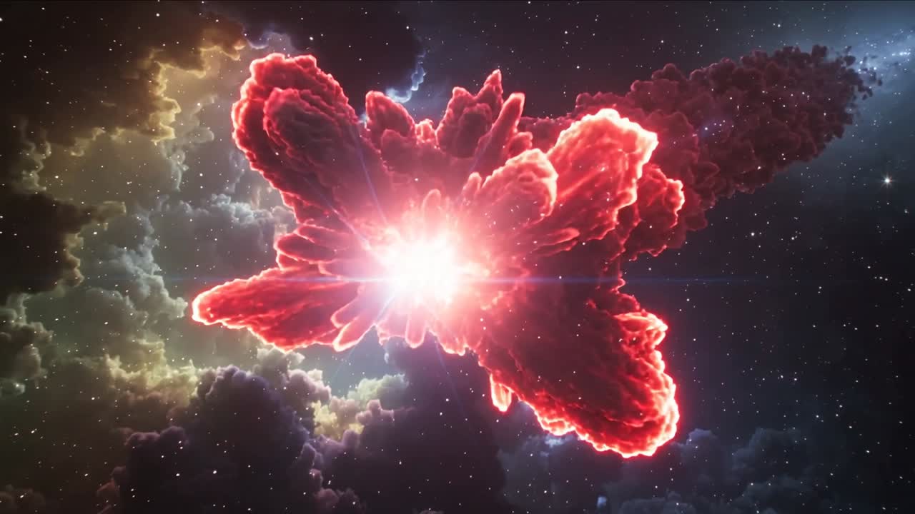 Filamento en colisión golpeando una estrella brillante azul-blanca en el espacio, produciendo una nebulosa de pétalos rojos en expansión.