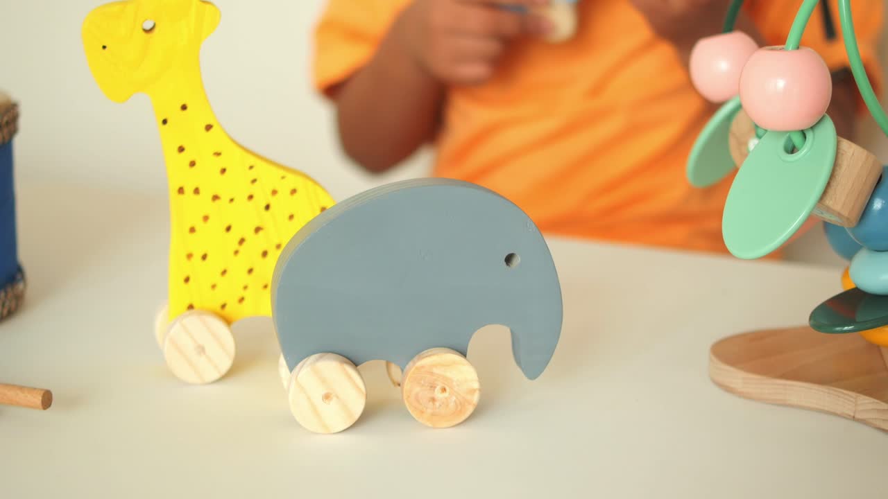 Wooden toys on a white table