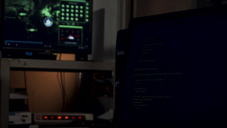 Computer code scrolls up on computer screen
