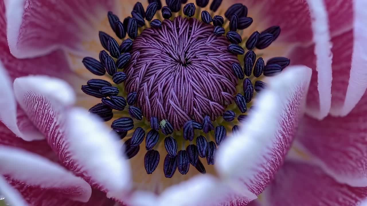 Close-up video of a green bud covered in water droplets, shot from a low angle