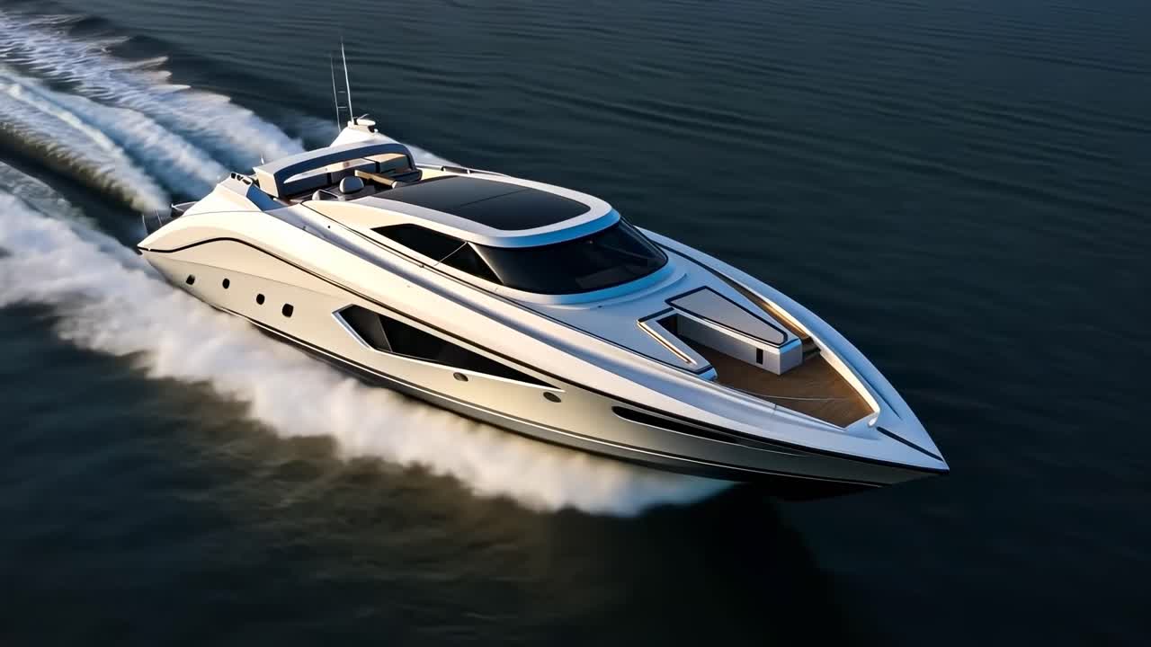 Aerial view of a sleek, modern yacht cruising through calm waters, captured in a dynamic video