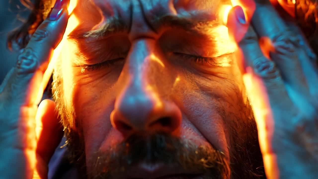 A man with his hands on his head, with a bright orange light shining on his face. Concept of stress and discomfort, as the man is struggling with something