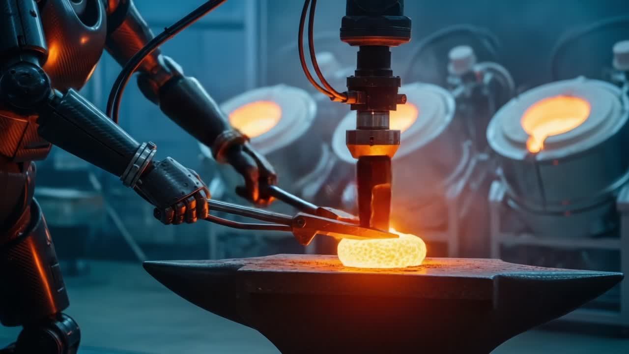 Innovatiivinen robotti valmistaa metalliesinettä tarkasti teollisessa pajassa, mikä osoittaa teknologian ja käsityötaitoisten metallintyöstötaitojen yhdistymisen tulisten taustojen keskellä.