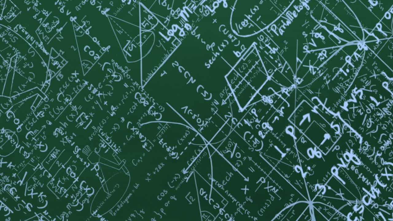 Animation of blue mathematical formulae and geometric drawings on green