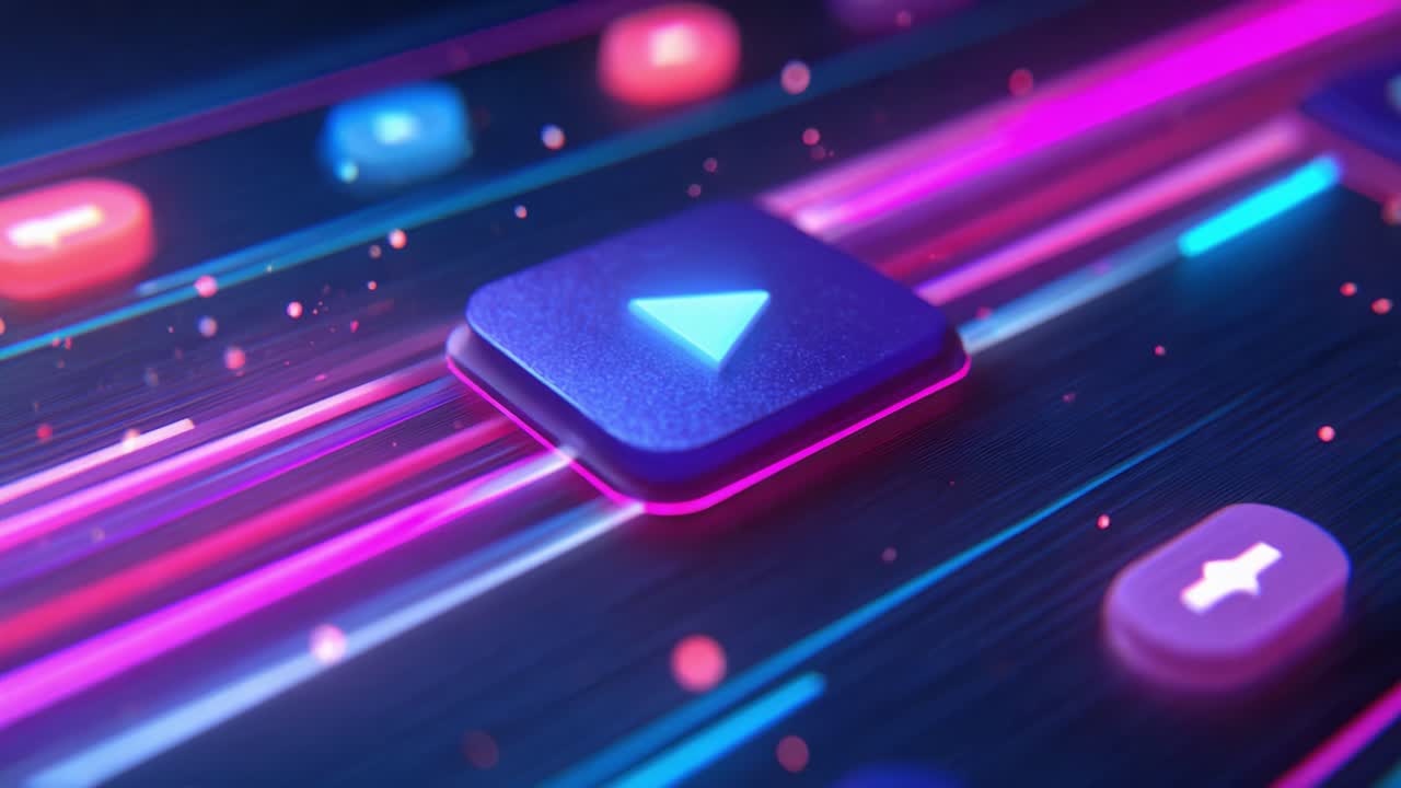 A close-up view of a multimedia control interface featuring vibrant colors and illuminated icons, showcasing the essential play and navigation buttons against a dynamic background