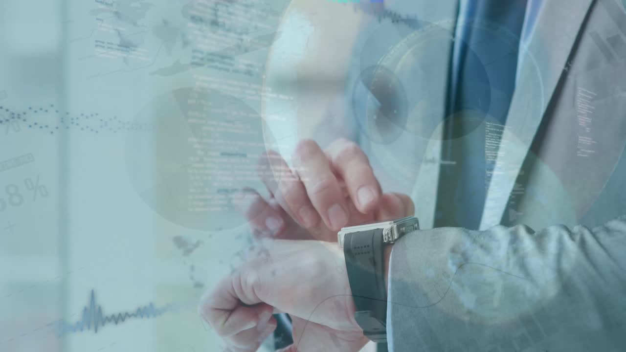 Animation of statistical data processing over mid section of businessman using smartwatch