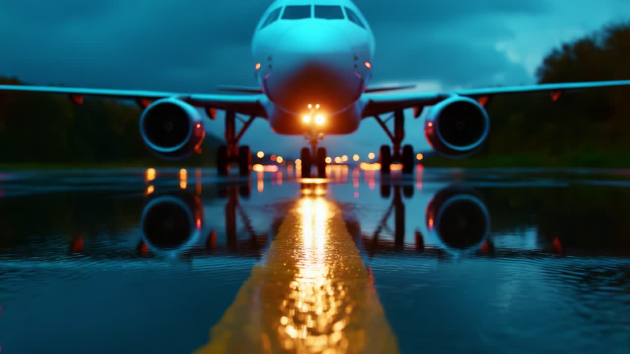A stunning low-angle shot captures a jet airplane illuminated by vibrant lights on a rainy runway, creating beautiful reflections of colors and droplets, showcasing the dramatic atmosphere of an evening flight