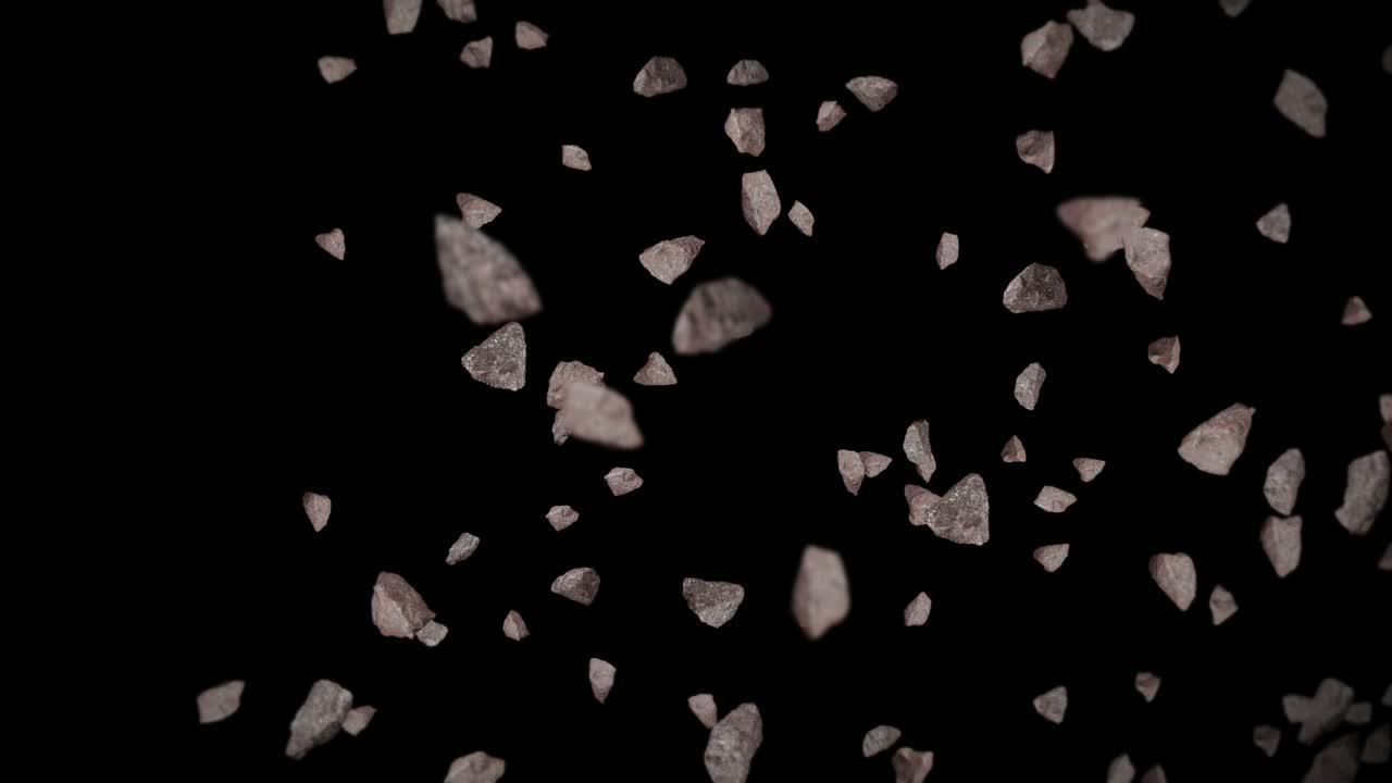 Flying many rock stone on black background. Broken splash explosion. Challenge concept. 3D animation of stone splash rotating. Loop animation.