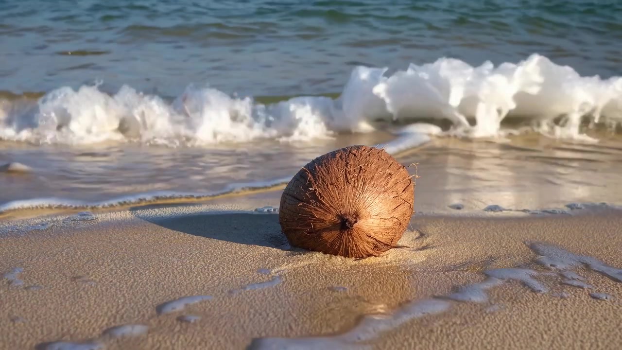 Cocco su una spiaggia sabbiosa mentre le onde dell'oceano si infrangono a riva