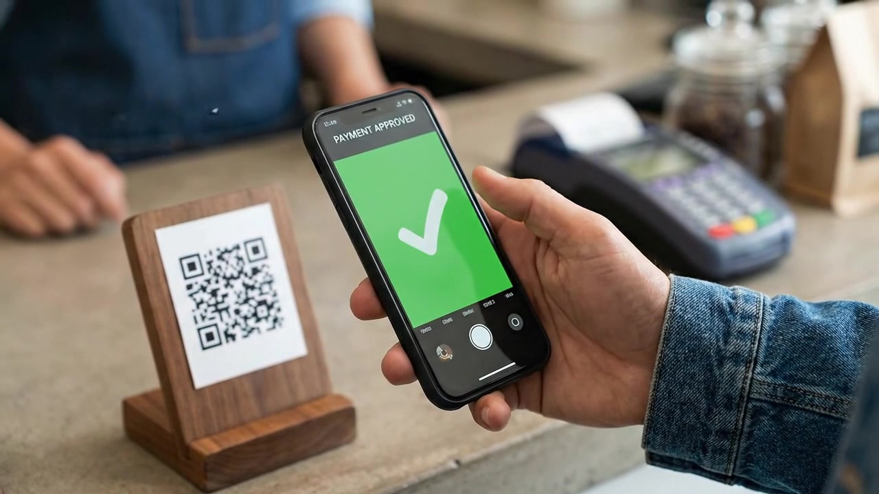 Customer Using Smartphone to Scan QR Code for Contactless Payment