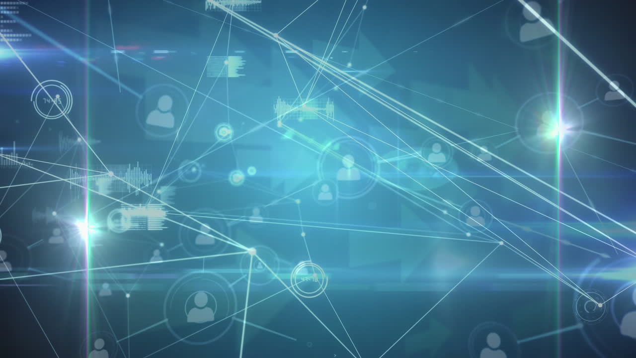 animación de la red de iconos de perfil y procesamiento de datos contra puntos de luz sobre fondo azul.