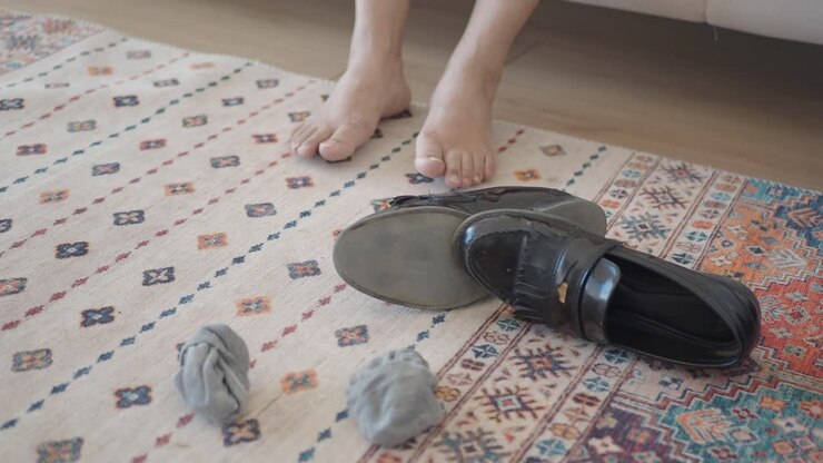 A piedi nudi su un tappeto con scarpe e calzini