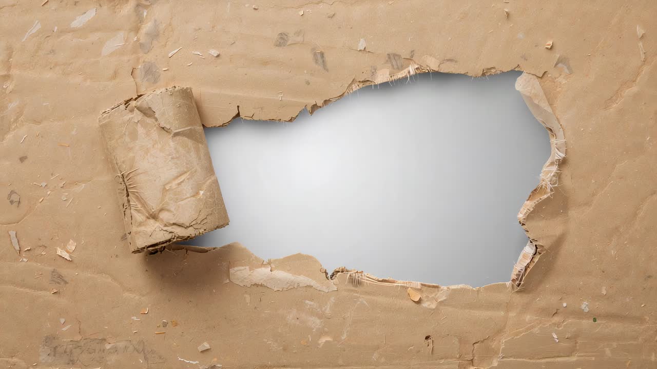 Showing jagged opening appearing, torn cardboard flap widening in closeup, revealing gray backing