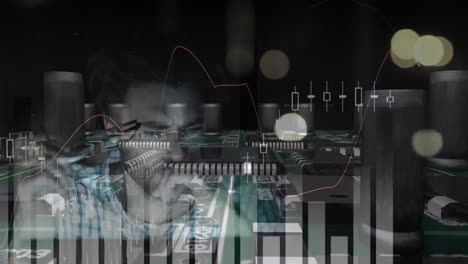 Animation-of-statistics-processing-over-circuit-board-and-man-using-computer