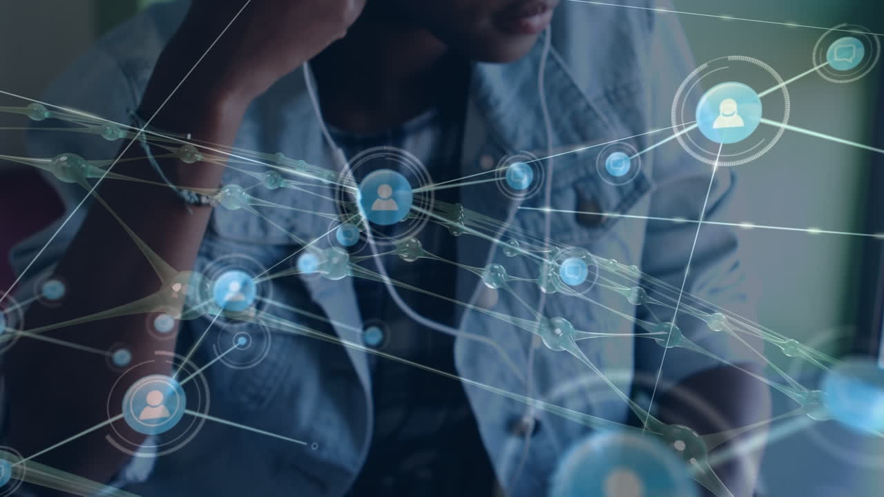 Animation of network of connections over african american teenage girl with smartphone