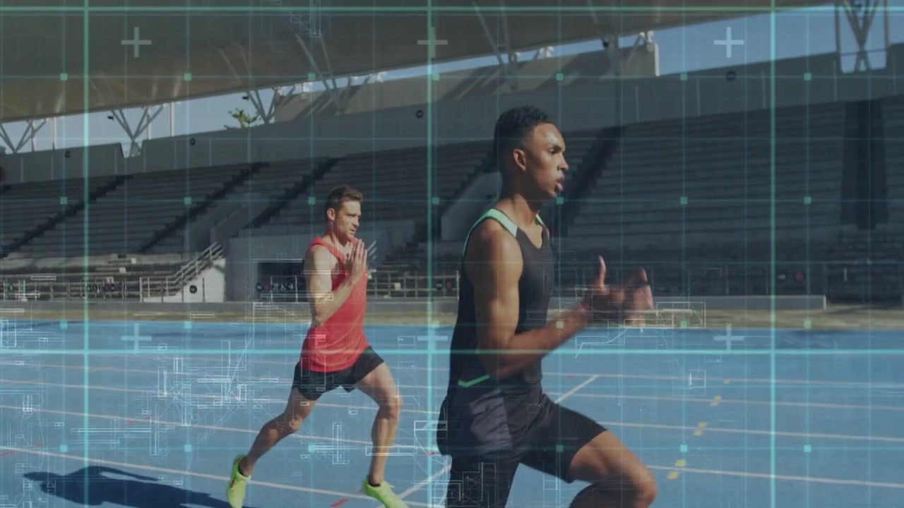 Leader leading on blue track, chaser pushing closing gap at start, HUD tracking data for athletics