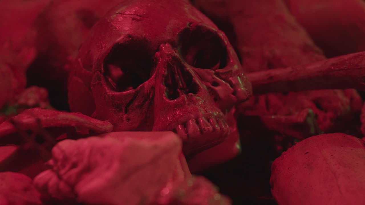 Human skull, capture made during making an music video for a rock band, massacre and horror video concept