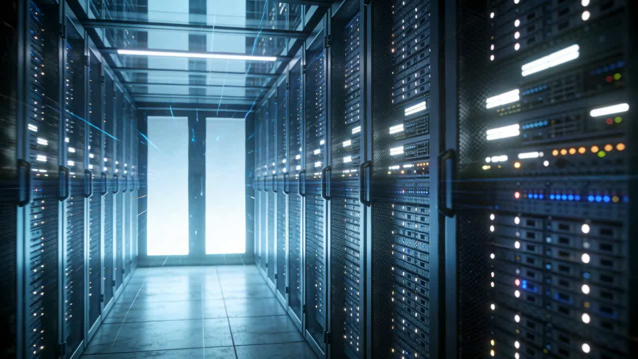 Camera moving forward along data center aisle, engaging LEDs and blue beams, showing frosted doors