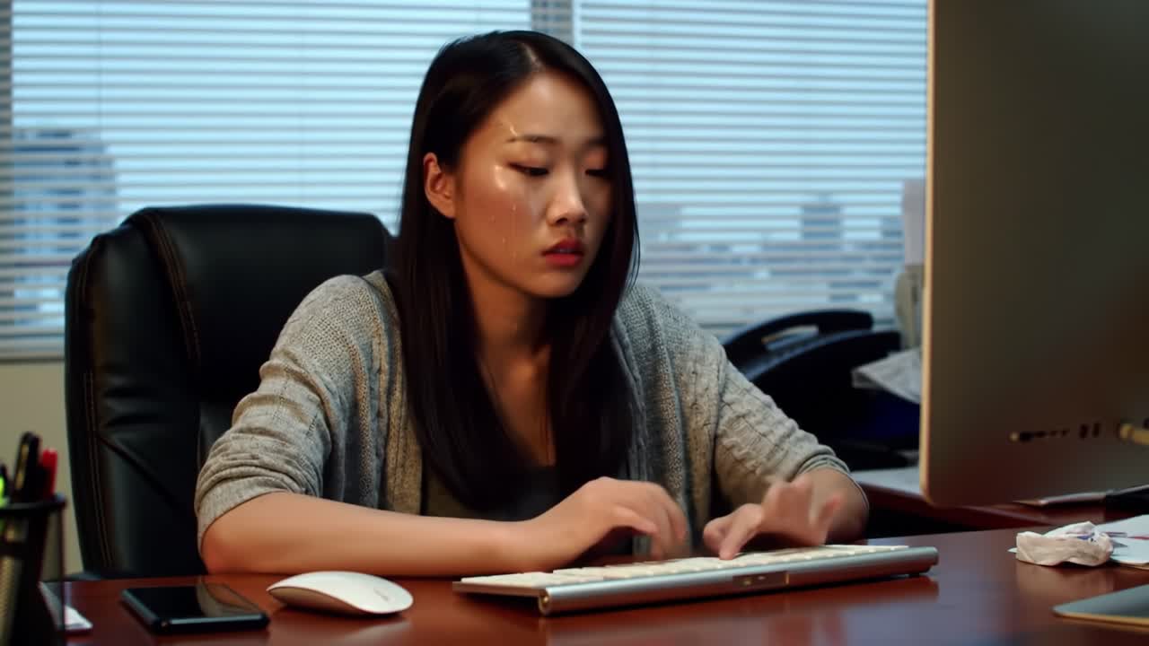A young woman sits at a desk in a contemporary office. She types intently on a keyboard, showcasing concentration. Bright natural light illuminates the modern workspace around her.