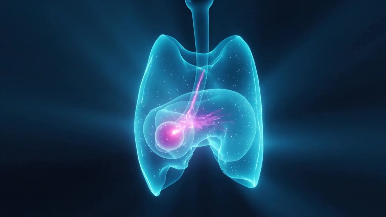Animazione di polmoni ciano con trachea, un bagliore che sale mentre una sfera rosa si muove, diffondendosi nel lobo inferiore