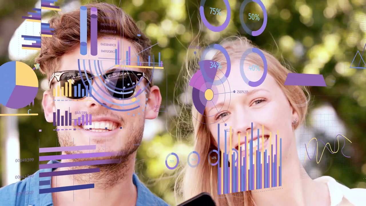 Man pointing phone while woman tapping screen sparking animated marketing charts and checking stats