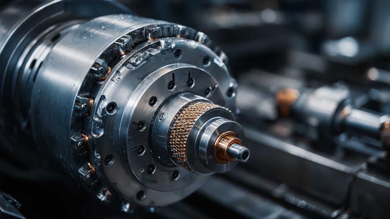 Detailní záběr vysoce přesné mechanické součásti představující pokročilé inženýrské a výrobní techniky v kontrolovaném průmyslovém prostředí.