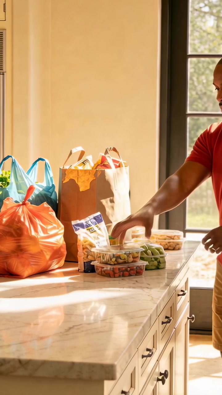 Video vertical: Llegan bolsas, hombre de rojo desempacando recipientes en montones sobre la isla de la cocina, con espacio para texto.